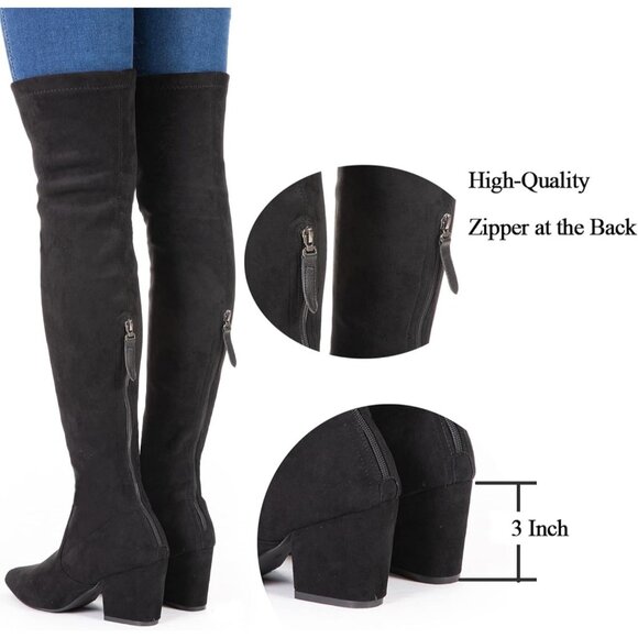 Women’s Thigh High Block Heel Boots - Pointed Toe Over the Knee Stretch Boots - Picture 5 of 8